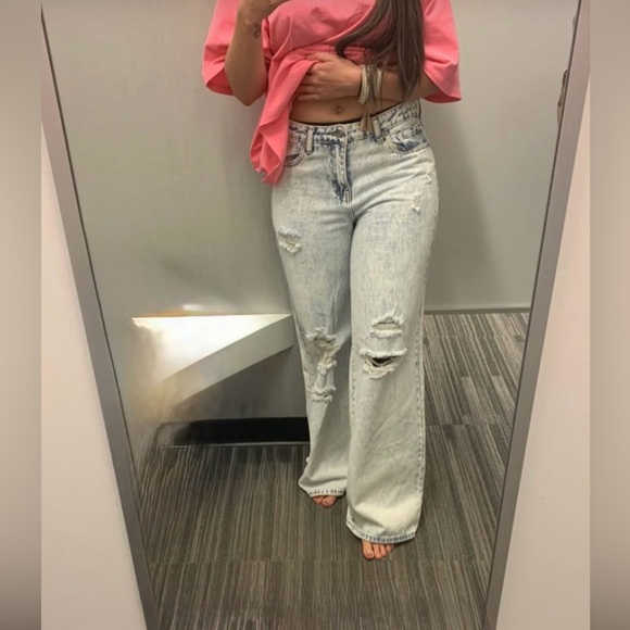 bp Denim - BP Acid wash bleached denim wide leg high waisted jeans